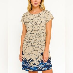 Anthropologie Lux Cream & Blue Poppy Short Sleeve Above Knee Dress size Medium